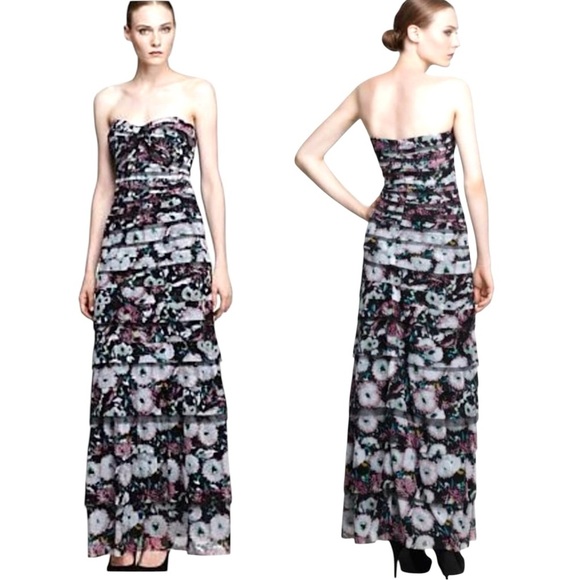 BCBGMAXAZRIA ERIKA SWEETHEART STRAPLESS TIERED FLORAL MESH MAXI GOWN DRESS - Picture 2 of 16
